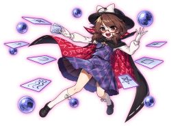 Rule 34 | 1girl, alpha transparency, black cape, black footwear, black hat, bow, brown eyes, brown hair, buttons, cape, card, clothes writing, collared cape, dithering, floating cape, floating clothes, full body, game cg, glasses, hand up, hat, hat bow, kneehighs, kozakura (dictionary), long sleeves, looking at viewer, low twintails, magic, medium hair, medium skirt, open mouth, orb, plaid, plaid skirt, plaid vest, pleated skirt, purple skirt, purple vest, quimbaya airplane, red-framed eyewear, red cape, runes, semi-rimless eyewear, shirt, shoes, skirt, smile, socks, solo, standing, touhou, touhou danmaku kagura, transparent background, twintails, two-sided cape, two-sided fabric, usami sumireko, vest, wavy hair, white bow, white shirt, white socks, zener card