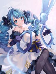 Rule 34 | 1girl, bare shoulders, black bow, black gloves, black pantyhose, black sleeves, bow, collarbone, detached sleeves, dress, drill hair, gloves, gwen (league of legends), hair bow, highres, holding, holding scissors, kureko0w0, league of legends, long hair, pantyhose, scissors, short sleeves, simple background, solo, twin drills, twintails, white background, white dress