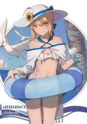 Rule 34 | 1girl, ahoge, alternate costume, animal, artoria pendragon (all), artoria pendragon (fate), bare shoulders, bikini, bird, blonde hair, blue ribbon, blue sky, blush, breasts, bright pupils, character name, cleavage, cloud, collarbone, cowboy shot, criss-cross halter, cup, day, drinking glass, drinking straw, fate/stay night, fate (series), flower, fringe trim, green eyes, hair between eyes, halterneck, hat, hat flower, hat ribbon, holding, holding cup, holding drinking glass, ice, ice cube, innertube, lanzi (415460661), looking at viewer, navel, off shoulder, outdoors, palm tree, ribbon, saber (fate), seagull, short hair, sidelocks, signature, sky, small breasts, solo, standing, stomach, summer, sun hat, sunflower, swim ring, swimsuit, transparent, tree, white bikini, white hat