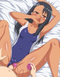 Rule 34 | 1boy, 1girl, absurdres, armpits, bed sheet, black hair, blue one-piece swimsuit, blush, breasts, brown eyes, censored, clothing aside, commentary, covered navel, covering own mouth, dark-skinned female, dark skin, english commentary, eufoniuz, fingernails, hetero, highres, ijiranaide nagatoro-san, long hair, lying, medium breasts, missionary, mosaic censoring, motion lines, nagatoro hayase, nail polish, on back, one-piece swimsuit, paid reward available, patreon username, penis, pussy, red nails, sex, sex toy, solo focus, spread legs, swimsuit, swimsuit aside, tears, vaginal, vibrator