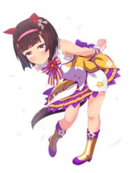 Rule 34 | 1girl, animal ears, arms behind back, bent over, black hair, blush, commentary request, full body, highres, horse ears, horse girl, horse tail, looking at viewer, nishino flower (umamusume), purple eyes, short hair, simple background, smile, solo, susutaketakumi, tail, umamusume, white background