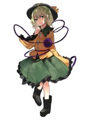 Rule 34 | 1girl, asuzemu, black footwear, black hat, boots, bow, commentary request, finger to face, floral print, frilled shirt collar, frills, full body, green eyes, green hair, green skirt, grin, hat, hat bow, head tilt, heart, heart of string, highres, komeiji koishi, long sleeves, looking at viewer, petticoat, shirt, short hair, simple background, skirt, sleeves past fingers, sleeves past wrists, smile, solo, standing, standing on one leg, third eye, touhou, white background, wide sleeves, yellow bow, yellow shirt