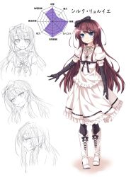 Rule 34 | 1girl, absurdres, blue eyes, boots, brown hair, bug, cross-laced footwear, dress, elbow gloves, gloves, highres, knee boots, kyuutou (kyuutouryuu), lace-up boots, long hair, multiple views, original, pantyhose, spider, thighhighs, translation request