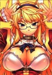 Rule 34 | 1girl, absurdres, animal ears, arms up, blonde hair, blue eyes, blush, breasts, cat ears, cleavage, collar, freezing (series), glasses, highres, large breasts, long hair, looking at viewer, satellizer el bridget, simple background, smile, solo, soo-hyon lee, standing, yellow background