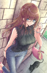Rule 34 | 1girl, :o, animal, aramachi, bag, black cat, black shirt, black tank top, blouse, blue eyes, breasts, brick wall, brown hair, cat, denim, from above, glasses, handbag, highres, jeans, lace, lace-trimmed shirt, lace shirt, lace trim, large breasts, leaning, leg up, long hair, looking at viewer, open mouth, original, pants, pink bag, pink footwear, scarf, see-through, shirt, sidelocks, sleeveless, solo, tank top, watch, wristband