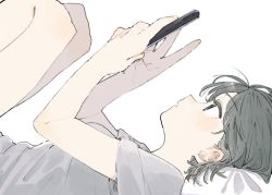 Rule 34 | 1girl, black eyes, black hair, blush, cellphone, grey shirt, highres, holding, holding phone, knees up, lying, on back, original, parted lips, phone, profile, shirt, short hair, simple background, smartphone, solo, t-shirt, tenoo12, white background