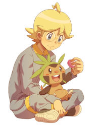 Rule 34 | 1boy, ahoge, blonde hair, chespin, clemont (pokemon), closed mouth, commentary request, creatures (company), cyaneko, feeding, game freak, gen 6 pokemon, glasses, holding, jumpsuit, long sleeves, looking down, male focus, nintendo, official style, on lap, pokemon, pokemon (anime), pokemon (creature), pokemon on lap, pokemon xy (anime), shoes, sitting, smile