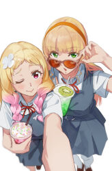Rule 34 | 0364p, 2girls, ;), adjusting eyewear, blonde hair, blunt bangs, braid, closed mouth, commentary, cup, drinking straw, flower, food, foreshortening, from above, fruit, gradient hair, green eyes, hair flower, hair ornament, hairband, hand on eyewear, heanna sumire, highres, holding, holding cup, index finger raised, kiwi (fruit), kiwi slice, light blush, lips, long hair, looking at viewer, looking over eyewear, love live!, love live! superstar!!, low twin braids, multicolored hair, multiple girls, one eye closed, onitsuka natsumi, parted lips, red eyes, school uniform, selfie, smile, sprinkles, sunglasses, swept bangs, taking picture, twin braids, white background, yuigaoka school uniform