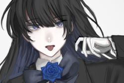 Rule 34 | 1girl, ado (utaite), black coat, black hair, blue bow, blue bowtie, blue eyes, blue flower, blue hair, blue rose, bow, bowtie, chando (ado), cloud nine inc, coat, collared shirt, colored inner hair, commentary, flower, flower brooch, gloves, grey background, hair between eyes, hand up, highres, long hair, long sleeves, mole, mole under eye, multicolored hair, open mouth, portrait, raiko (rai ko 34), red pupils, rose, shirt, simple background, solo, tongue, tongue out, two-tone hair, utaite, white gloves