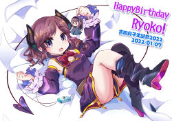 Rule 34 | 1girl, armpits, bed sheet, belt, birthday, boots, bow, bowtie, breasts, brown hair, camera, character doll, character name, cleavage, dated, demon girl, demon horns, demon tail, detached sleeves, doll, frilled cuffs, highres, holding, holding doll, horns, light blush, long hair, looking at viewer, lying, machikado mazoku, n88 colpla, ogura shion, on back, open mouth, pages, purple eyes, small breasts, smile, solo, tail, teruterubouzu, yoshida ryouko