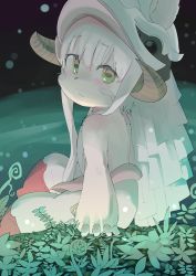 Rule 34 | 1girl, :/, animal ears, bare arms, body fur, closed mouth, eyebrows, fake horns, from side, furry, furry female, hair between eyes, hat, highres, horizontal pupils, horned headwear, horns, long hair, looking at viewer, made in abyss, nanachi (made in abyss), pants, plant, rabbit ears, ringed eyes, samidare (hoshi), sitting, solo, topless, whiskers, white hair, white pants, yellow eyes