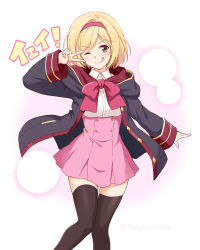 Rule 34 | 1girl, alternate costume, artist name, black jacket, black thighhighs, blonde hair, blush, breasts, brown eyes, character request, commentary request, cosplay, djeeta (granblue fantasy), djeeta (granblue fantasy) (cosplay), felutiahime, granblue fantasy, hair ornament, hairband, highres, jacket, long hair, long sleeves, looking at viewer, one eye closed, pink hairband, princess connect!, short hair, smile, solo, split mouth, thighhighs, tongue, tongue out