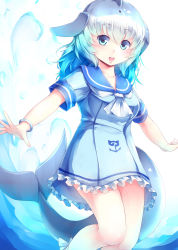 Rule 34 | 10s, 1girl, :d, absurdres, alternate hair length, alternate hairstyle, blue dress, blue eyes, blue hair, blue sailor collar, bracelet, cetacean tail, commentary, common bottlenose dolphin (kemono friends), dress, fins, fish tail, frilled dress, frills, gradient hair, head fins, highres, japari symbol, jewelry, kanzakietc, kemono friends, long hair, looking at viewer, multicolored hair, open mouth, outstretched arms, sailor collar, sailor dress, short sleeves, silver hair, smile, solo, spread arms, tail, underwear