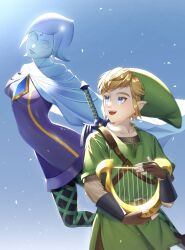Rule 34 | 1boy, 1girl, blonde hair, blue eyes, blue skin, blue sky, colored skin, fi (zelda), fingerless gloves, flying, gloves, green tunic, harp, hat, highres, instrument, jimaku 726, link, looking at another, nintendo, open mouth, pantyhose, pointy ears, sky, smile, sword, the legend of zelda, the legend of zelda: skyward sword, weapon, weapon on back