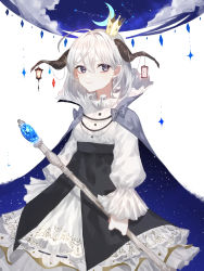 Rule 34 | 1girl, aries (constellation), black skirt, blue cloak, cloak, closed mouth, commentary request, constellation, cowboy shot, crescent moon, crown, high-waist skirt, highres, holding, holding staff, horns, iwai ku tsuki, long sleeves, looking at viewer, medium hair, mini crown, moon, original, purple eyes, shirt, shirt tucked in, simple background, skirt, smile, solo, staff, star (sky), starry sky print, white background, white hair, white shirt, white skirt
