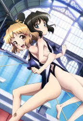 Rule 34 | 10s, 2girls, :d, absurdres, alternate hairstyle, arch, back-to-back, bare legs, bare shoulders, barefoot, black hair, blue eyes, blue one-piece swimsuit, blush, breasts, brown eyes, brown hair, carrying, clenched hand, column, competition swimsuit, dutch angle, feet, female focus, friends, from side, hair ornament, hairclip, highres, indoors, kohinata miku, lane line, leaning forward, legs, leotard, lifting person, light, light brown hair, locked arms, looking at another, looking at viewer, looking back, looking to the side, medium breasts, multiple girls, neck, non-web source, nyantype, official art, one-piece swimsuit, open mouth, pillar, ponytail, pool, poolside, senki zesshou symphogear, shiny clothes, short hair, small breasts, smile, standing, swimsuit, tachibana hibiki (symphogear), tile floor, tiles, water, window