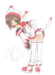 Rule 34 | 1girl, animal ears, animal hood, ass, bent over, boots, bra, brown hair, cat, cat ears, cat hood, cat tail, detached sleeves, final fantasy, green eyes, hat, hood, lingerie, looking back, mibu natsuki, mouth hold, panties, pantyshot, short hair, skirt, solo, tail, thighhighs, underwear, upskirt, white mage (final fantasy), white panties, white thighhighs