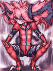 Rule 34 | &gt;:), 1girl, battle spirits, battle spirits: brave, big hair, bodysuit, boots, closed mouth, collar, fang, fang out, fingerless gloves, flat chest, flipped hair, from below, full body, fumio (rsqkr), gloves, hair between eyes, hair ornament, hands on own knees, high heel boots, high heels, light smile, long hair, looking at viewer, pink hair, red footwear, red thighhighs, shoes, sketch, smile, solo, spiked hair, spikes, spread legs, squatting, striped, tail, thigh boots, thighhighs, tiptoes, torn bodysuit, torn clothes, v-shaped eyebrows, visor
