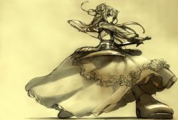 Rule 34 | armor, dress, frills, long hair, looking back, original, solo, sword, twintails, weapon, xyh