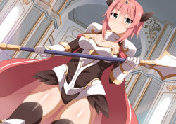Rule 34 | 1girl, armor, armored boots, black thighhighs, blue eyes, boots, breasts, cape, cleavage, closed mouth, collar, cowboy shot, dutch angle, expressionless, eyebrows, eyelashes, gauntlets, gluteal fold, hair between eyes, hairband, holding, holding weapon, indoors, large breasts, leotard, looking at viewer, mmrailgun, original, pink hair, polearm, red cape, short hair, shoulder pads, solo, spear, standing, thigh boots, thighhighs, weapon