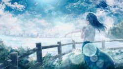 Rule 34 | 1girl, city, cityscape, closed eyes, cloud, cloudy sky, grass, highres, kumagaya nono, petals, river, scenery, sky, solo, standing