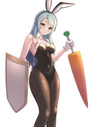 Rule 34 | 1girl, absurdres, animal ears, aqua hair, arm at side, bang dream!, bare shoulders, black hairband, black leotard, blush, breasts, brown pantyhose, carrot, closed mouth, collarbone, commentary, covered navel, detached collar, fake animal ears, feet out of frame, gloves, green eyes, hairband, hand up, highres, hikawa sayo, holding, holding sword, holding weapon, leotard, long hair, looking at viewer, medium breasts, pantyhose, playboy bunny, ptal, rabbit ears, shield, simple background, solo, standing, strapless, strapless leotard, swept bangs, sword, weapon, white background, white gloves