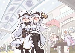 Rule 34 | 5girls, absurdres, animal ears, avrora (azur lane), azur lane, barrel, black footwear, blue eyes, blush, boots, bottle, breasts, button eyes, buttons, chibi, cleavage, cleavage cutout, clothing cutout, coat, coat dress, commentary request, cross-laced footwear, double-breasted, drinking, drunk, fake animal ears, fake tail, from below, full body, fur-trimmed boots, fur-trimmed coat, fur hat, fur trim, gangut (azur lane), grozny (azur lane), hair between eyes, hairband, hat, highres, himajin (fd jin), holding, holding bottle, holding tray, indoors, jacket, laffey (azur lane), large breasts, long hair, mall, manjuu (azur lane), military hat, multiple girls, nose blush, open mouth, pink jacket, purple eyes, rabbit ears, rabbit tail, red eyes, sidelocks, sitting, sovetskaya rossiya (azur lane), standing, tail, teeth, thighhighs, tray, twintails, upper teeth only, white coat, white hair, white headwear, white thighhighs, white uniform, winter clothes
