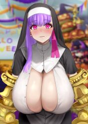 Rule 34 | 1girl, blush, breasts, claw (weapon), claws, cleavage, dress, fate/extra, fate/extra ccc, fate/grand order, fate (series), habit, hair ribbon, halloween, highres, huge breasts, long hair, looking at viewer, nun, passionlip (fate), pink eyes, pink ribbon, purple hair, raskasar, ribbon, solo, traditional nun, very long hair, wavy mouth, weapon