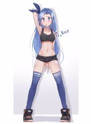Rule 34 | 1girl, bandana, between legs, black shorts, blue bandana, blue eyes, blue hair, blue thighhighs, blush, borrowed character, breasts, candy, crop top, denim, denim shorts, exposed pocket, food, food in mouth, forehead, full body, hand between legs, highres, legs apart, lollipop, looking at viewer, medium breasts, micro shorts, midriff, bae minah (chaesu), navel, original, parted hair, shoes, shorts, simple background, sleeveless, sneakers, solo, sports bra, thighhighs, ti keep, v, white background