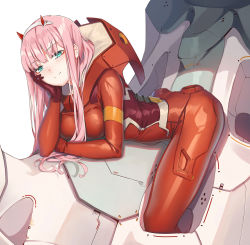 Rule 34 | 10s, 1girl, aqua eyes, arm support, blunt bangs, blush, bodysuit, breasts, closed mouth, darling in the franxx, fangxiang cuoluan, hairband, hand on own cheek, hand on own face, head rest, horns, long hair, looking at viewer, mecha, medium breasts, pink hair, red bodysuit, robot, shiny clothes, smile, solo, straddling, tsurime, white hairband, zero two (darling in the franxx)