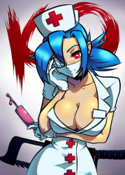Rule 34 | + +, 1girl, blue hair, blush, breasts, choker, cleavage, commentary, deliciousorange, dripping, eyepatch, gloves, hacksaw, hair over one eye, hat, head rest, large breasts, mask, mouth mask, no bra, nurse, nurse cap, ponytail, red eyes, saw, skullgirls, solo, surgical mask, syringe, valentine (skullgirls), weapon, white gloves