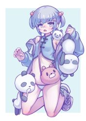 Rule 34 | 1girl, bikini, bikini bottom only, border, breasts, chinese clothes, crop top, drooling, female focus, grey footwear, grey hair, hair bobbles, hair ornament, hairclip, highres, jacket, kneeling, off shoulder, open clothes, open jacket, open mouth, original, outside border, panda, panda hair ornament, shibata ico, shoes, short twintails, sleeveless, small breasts, sneakers, solo, swimsuit, twintails, white border