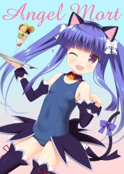 Rule 34 | 1girl, ;d, alternate hairstyle, angel mort, animal ears, bare shoulders, bell, blue one-piece swimsuit, blunt bangs, bow, breasts, cat ears, cat tail, child, collarbone, commentary request, detached collar, detached sleeves, fake animal ears, food, furude rika, gaou (babel), gradient background, hair bow, hairband, higurashi no naku koro ni, jingle bell, long hair, looking at viewer, one-piece swimsuit, one eye closed, open mouth, parfait, paw pose, purple eyes, school swimsuit, sidelocks, simple background, small breasts, smile, solo, swimsuit, tail, thighhighs, tray, twintails, white bow