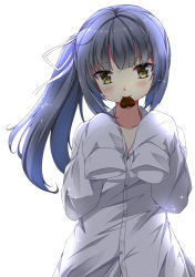 Rule 34 | 10s, 1girl, backlighting, blush, buttons, candy, chocolate, chocolate heart, collarbone, dress shirt, food, food in mouth, grey hair, hair ribbon, hands in opposite sleeves, hands up, heart, kantai collection, kasumi (kancolle), long hair, long sleeves, looking at viewer, mouth hold, oversized clothes, ribbon, sheita, shirt, side ponytail, simple background, sleeves past wrists, solo, sparkle, upper body, valentine, white background, white ribbon, white shirt, yellow eyes