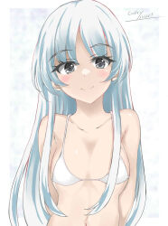 Rule 34 | 1girl, arms behind back, bikini, breasts, collarbone, gakky, grey hair, highres, kantai collection, looking at viewer, shirakumo (kancolle), small breasts, smile, solo, swimsuit, upper body, white bikini, white hair