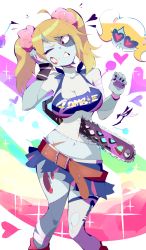 Rule 34 | 1girl, aetherion, blonde hair, breasts, chainsaw, cheerleader, cleavage, glasgow smile, hairband, highres, juliet starling, large breasts, lollipop chainsaw, miniskirt, one eye closed, skirt, solo, stitches, thighhighs, torn clothes, twintails, white thighhighs, wink, wristband, zombie