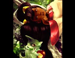 Rule 34 | 10s, 1girl, apple, axew, bad deviantart id, bad id, big hair, black hair, branch, breasts, brown eyes, creature, creatures (company), crying, dark skin, flat chest, food, fruit, game freak, gen 5 pokemon, hair ornament, holding, holding food, holding fruit, iris (pokemon), leaf, long hair, looking down, lying, nintendo, pillarboxed, pokemon, pokemon (anime), pokemon (creature), pokemon bw, realistic, size difference, tears, zachery douglas green, zachs
