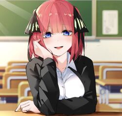 Rule 34 | 1girl, :d, arm support, black jacket, black ribbon, blue eyes, blunt bangs, blurry, blurry background, blush, breasts, butterfly hair ornament, classroom, commentary, day, desk, dress shirt, eyelashes, go-toubun no hanayome, hair ornament, hair ribbon, hand on own cheek, hand on own face, hand up, heart, highres, indoors, jacket, large breasts, light rays, looking at viewer, mame1645, medium hair, nakano nino, open clothes, open jacket, open mouth, pink hair, ribbon, round teeth, school desk, shirt, sidelighting, sitting, smile, solo, spoken heart, straight-on, teeth, two side up, upper teeth only, white shirt