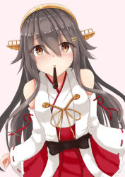 Rule 34 | 1girl, bare shoulders, black hair, blush, brown eyes, commentary, detached sleeves, food, food in mouth, gensoukitan, hair ornament, hairclip, haruna (kancolle), headgear, kantai collection, long hair, looking at viewer, nontraditional miko, pink background, pocky, pocky day, red skirt, simple background, skirt, solo