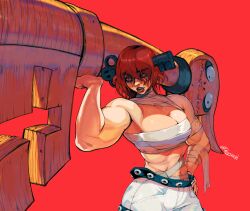 Rule 34 | 1girl, a.b.a, abs, absurdres, bandages, biceps, breasts, chest sarashi, cleavage, green eyes, guilty gear, guilty gear xx, hand on own hip, highres, holding, holding weapon, large breasts, muscular, muscular female, red hair, relusionh, sarashi, weapon