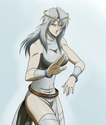 Rule 34 | 1girl, akimaru, armband, bracelet, breasts, circlet, fighting stance, foreshortening, genderswap, genderswap (mtf), highres, hokuto no ken, jewelry, large breasts, long hair, m.u.g.e.n, midnight bliss, revision, shirt, side slit, grey eyes, silver hair, solo, taut clothes, taut shirt, thighhighs, toki (hokuto no ken)
