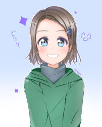Rule 34 | 1girl, anchor hair ornament, artist name, blue eyes, blush, clebear, commentary request, forehead, green hoodie, grey hair, grin, hair ornament, hairclip, hood, hoodie, light blush, long sleeves, looking at viewer, love live!, love live! sunshine!!, no bangs, outline, short hair, smile, solo, sparkle, turtleneck, upper body, watanabe you, white outline
