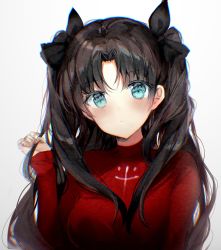 Rule 34 | 1girl, black hair, black legwear, blue eyes, blush, chromatic aberration, fate/stay night, fate (series), hair ribbon, highres, long hair, looking at viewer, playing with own hair, ptmko d, ribbon, solo, sweater, tohsaka rin, turtleneck, two side up