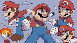 Rule 34 | 1boy, blue eyes, blue overalls, boots, brown footwear, brown hair, clenched hands, facial hair, fireball, gloves, hat, highres, male focus, mario, mario (series), multiple views, mustache, nintendo, open mouth, overalls, red headwear, red shirt, shirt, short hair, simple background, super mario bros. 1, teeth, white gloves, ya mari 6363