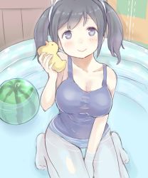 Rule 34 | 10s, 1girl, between legs, black hair, blue eyes, blue one-piece swimsuit, blush, breasts, casual one-piece swimsuit, collarbone, food, fruit, hand between legs, kantai collection, large breasts, looking at viewer, one-piece swimsuit, partially submerged, rubber duck, shijimi kozou, short hair, sitting, smile, solo, souryuu (kancolle), swimsuit, twintails, wading pool, watermelon