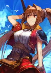 Rule 34 | 1girl, armor, blue sky, brown hair, eiyuu densetsu, estelle bright, falcom, gloves, hair intakes, holding, holding polearm, holding staff, holding weapon, hungry clicker, jacket, long hair, outdoors, pauldrons, polearm, red eyes, shoulder armor, single pauldron, sky, smile, solo, sora no kiseki, staff, twintails, weapon