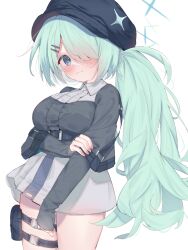 Rule 34 | 1girl, 3:, bag, belt, blue archive, blue eyes, commentary request, crossed arms, eip (pepai), green hair, hair ornament, hairclip, halo, hat, highres, hiyori (blue archive), long bangs, long hair, long sleeves, looking at viewer, parted bangs, peaked cap, side ponytail, sidelocks, simple background, skirt, solo, thigh belt, thigh strap, white background, white skirt