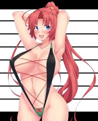 Rule 34 | 1girl, :d, alternate hairstyle, ao banana, areola slip, armpits, arms behind head, arms up, blue eyes, blush, breasts, cameltoe, covered erect nipples, fang, female focus, hair ornament, highres, hong meiling, jpeg artifacts, large breasts, long hair, navel, o/, open mouth, outstretched arms, ponytail, puffy nipples, red hair, slingshot swimsuit, smile, solo, star (symbol), swimsuit, tongue, touhou
