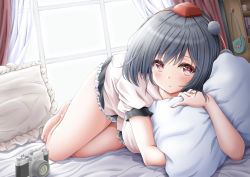 Rule 34 | 1girl, :o, akino irori, bag, barefoot, bed sheet, black hair, black skirt, blush, bookshelf, breasts, camera, coffee mug, commentary request, cup, curtains, day, handbag, hat, hugging object, indoors, large breasts, looking at viewer, lying, microskirt, mug, on bed, on side, parted lips, partial commentary, petticoat, pillow, pillow hug, pom pom (clothes), puffy short sleeves, puffy sleeves, red eyes, red hat, shameimaru aya, shirt, short hair, short sleeves, skirt, solo, tareme, thighs, tokin hat, touhou, untucked shirt, white shirt, window