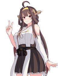 Rule 34 | 1girl, ahoge, brown hair, closed mouth, detached sleeves, hairband, headgear, highres, kagi f, kantai collection, kongou (kancolle), kongou kai ni (kancolle), long hair, looking at viewer, nontraditional miko, purple eyes, simple background, smile, solo, standing, v, white background